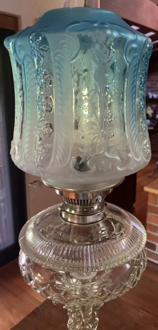 Hinks lamp marked base, font and burner c1895, Victorian etched blue shade - Image 9