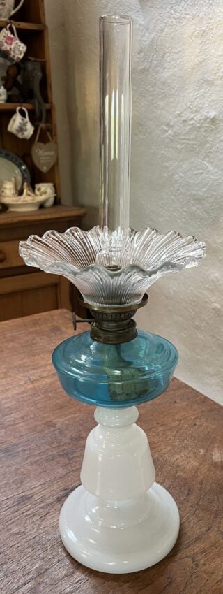 Bismark unusual Blue Font and Opaline base oil lamp