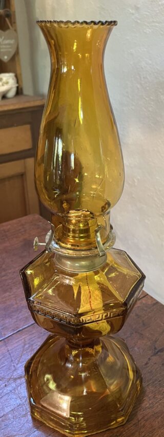 Greek Key Amber Depression glass oil lamp