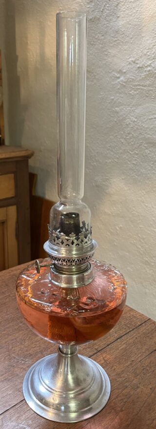 Nickel and Glass oil lamp with 14''' burner and chimney