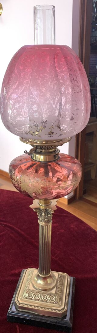 Victorian Etched Font oil lamp with original cranberry shade  ON HOLD