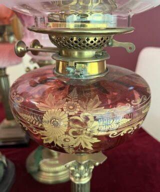 Victorian Etched Font oil lamp with original cranberry shade  ON HOLD - Image 3