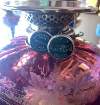 Victorian Etched Font oil lamp with original cranberry shade  ON HOLD - Image 2