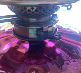 Victorian Etched Font oil lamp with original cranberry shade  ON HOLD - Image 5