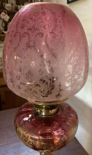 Victorian Etched Font oil lamp with original cranberry shade  ON HOLD - Image 6