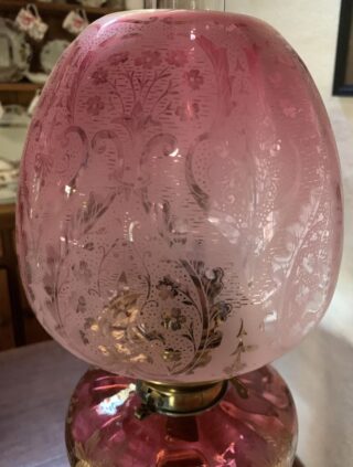 Victorian Etched Font oil lamp with original cranberry shade  ON HOLD - Image 7