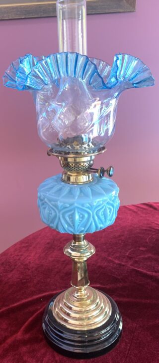 Victorian blue glass font oil lamp matching shade, original duplex burner