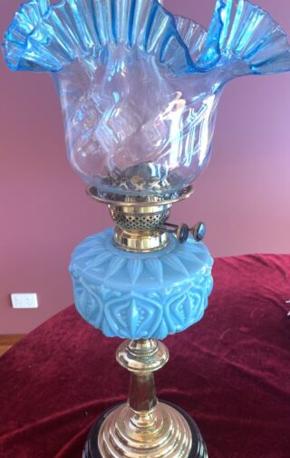 Victorian blue glass font oil lamp matching shade, original duplex burner - Image 2