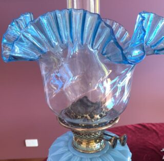 Victorian blue glass font oil lamp matching shade, original duplex burner - Image 3