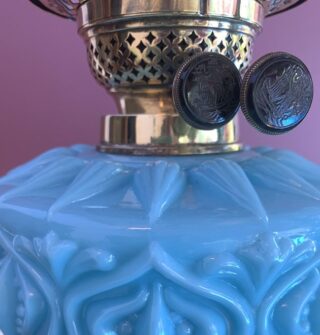 Victorian blue glass font oil lamp matching shade, original duplex burner - Image 5