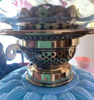 Victorian blue glass font oil lamp matching shade, original duplex burner - Image 7