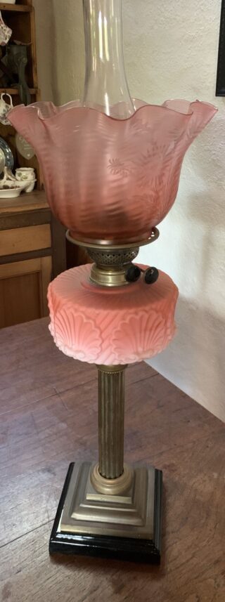 Victorian apricot/peach satin font oil lamp with original shade