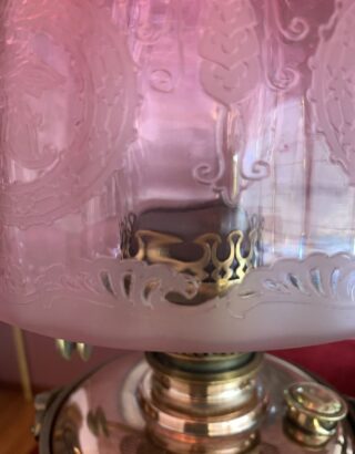 W.A.S. Benson and Sons marked oil lamp cranberry optic shade - Image 6