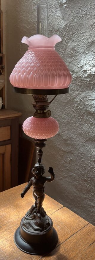 Cherub Candlestick Oil Lamp with Pink Glass Font and Shade