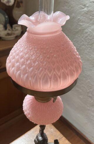 Cherub Candlestick Oil Lamp with Pink Glass Font and Shade - Image 8